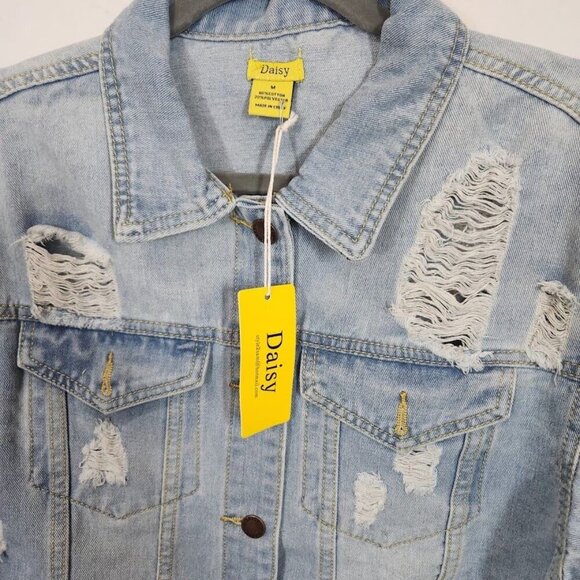 Daisy Distressed Cropped Jean Jacket in Medium Denim Wash - Size Medium - Picture 6 of 8